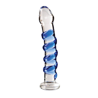 7 in. Icicles No. 5 Curved Ribbed Glass Dildo Blue/Clear