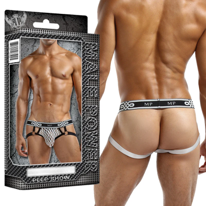 Male Power Peep Show Jock Strap with Rings White