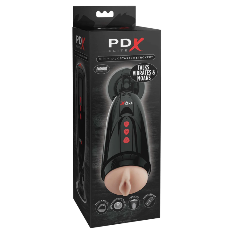PDX Elite Dirty Talk Vibrating Vagina Stroker with Hands-Free Suction Cup PDX Elite Dirty Talk Vibrating Vagina Stroker with Hands-Free Suction Cup