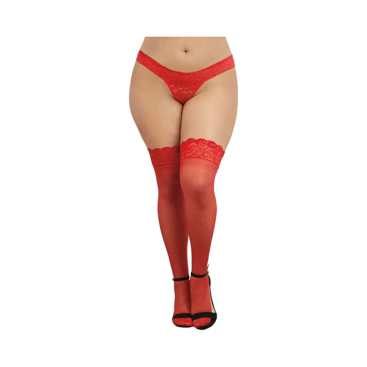 Dreamgirl Plus-Size Sheer Thigh-High Stockings With Silicone Lace Top Red Dreamgirl Plus-Size Sheer Thigh-High Stockings With Silicone Lace Top Red