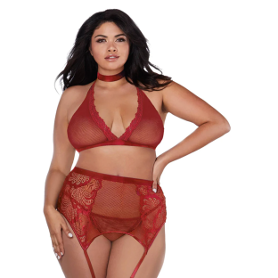 Dreamgirl Fishnet and Lace Four-Piece Set With Stretch Velvet Trim Accents Garnet