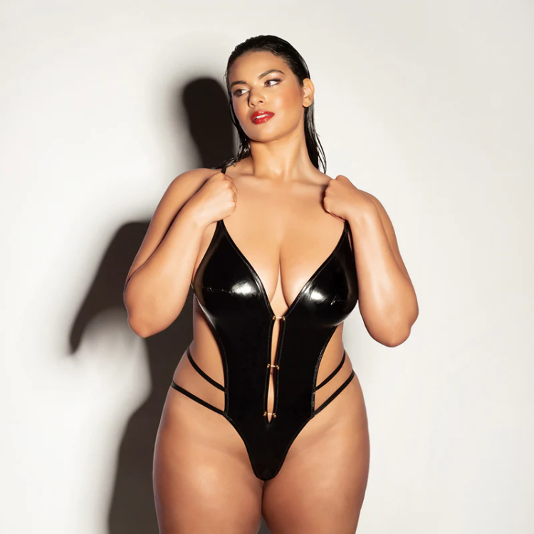 Oh La La Cheri Whipped Soft Cup Open Gusset Vinyl Teddy with Barbell Trim Oh La La Cheri Whipped Soft Cup Open Gusset Vinyl Teddy with Barbell Trim