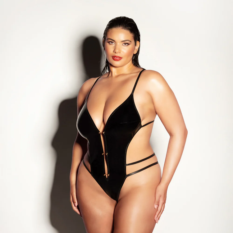 Oh La La Cheri Whipped Soft Cup Open Gusset Vinyl Teddy with Barbell Trim Oh La La Cheri Whipped Soft Cup Open Gusset Vinyl Teddy with Barbell Trim
