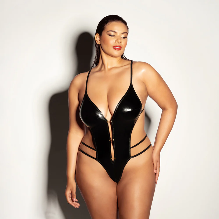 Oh La La Cheri Whipped Soft Cup Open Gusset Vinyl Teddy with Barbell Trim Oh La La Cheri Whipped Soft Cup Open Gusset Vinyl Teddy with Barbell Trim