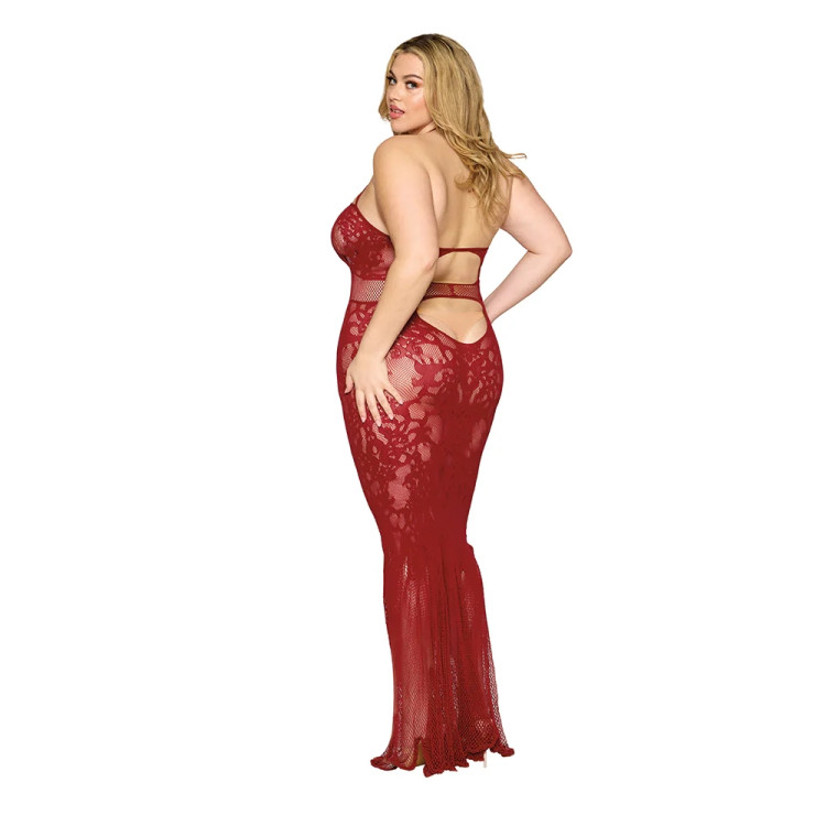 Dreamgirl Lace Bodystocking Gown with Bustier Detail Oxblood Dreamgirl Lace Bodystocking Gown with Bustier Detail Oxblood