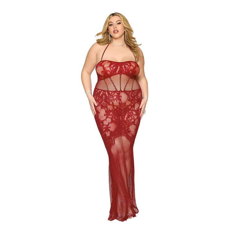Dreamgirl Lace Bodystocking Gown with Bustier Detail Oxblood Dreamgirl Lace Bodystocking Gown with Bustier Detail Oxblood