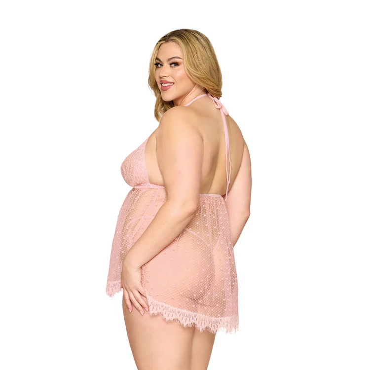 Dreamgirl Lace and Polka Dot Mesh Babydoll and G-String Rose Quartz Dreamgirl Lace and Polka Dot Mesh Babydoll and G-String Rose Quartz
