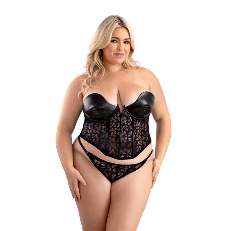 Fantasy Lingerie Leather Look and Lace Underwire Corset with Matching G-String Panty Fantasy Lingerie Leather Look and Lace Underwire Corset with Matching G-String Panty