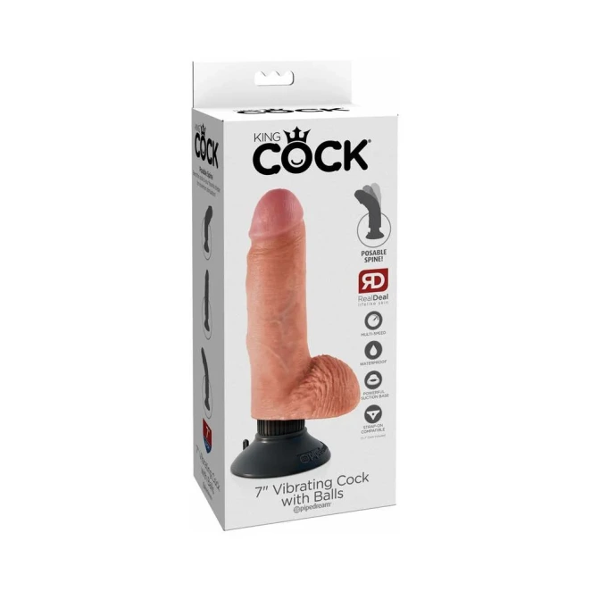 7 Inch King Cock Girthy Poseable Vibrating Suction Cup Dildo with Balls Beige