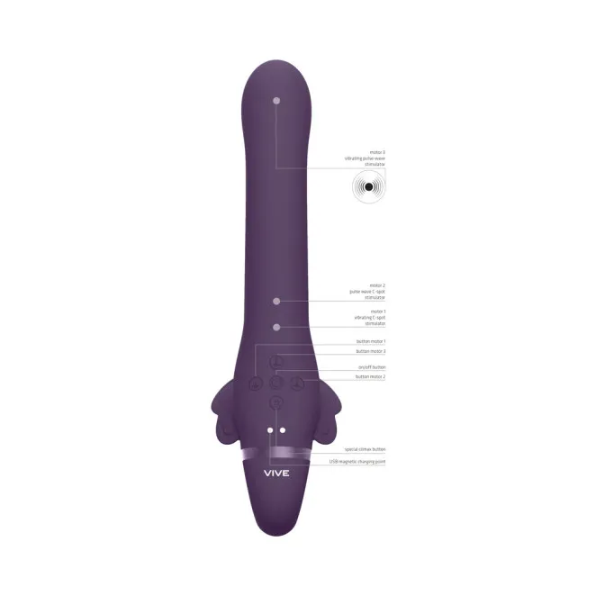 VIVE SATU Triple Motor Vibrating Silicone Strapless Strap-On Purple