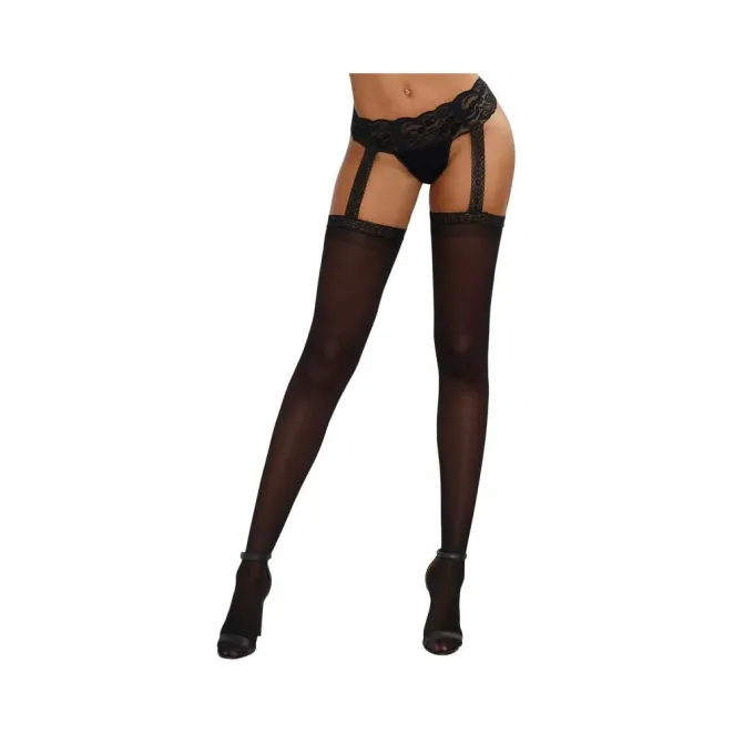 Dreamgirl Stretch Lace Suspender Garter Belt Pantyhose with Attached Sheer Thigh-High Stockings Black