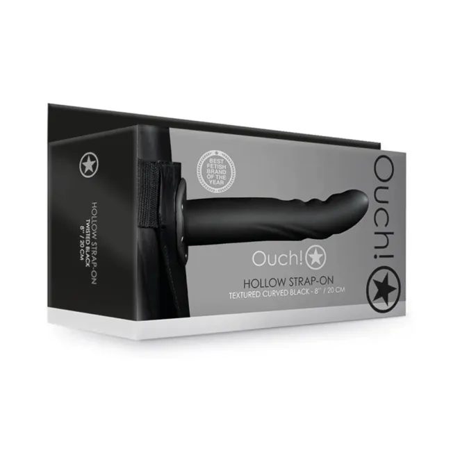 Textured Curved 8 Inch Hollow Strap-On with Adjustable Harness Black