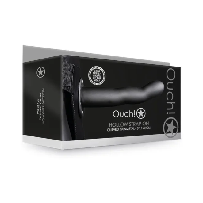 Textured Curved 8 Inch Hollow Strap-On with Adjustable Harness Gunmetal