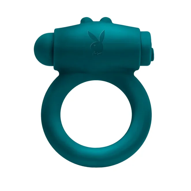Playboy Bunny Buzzer Vibrating Silicone Cock Ring with Clit Stimulator Teal