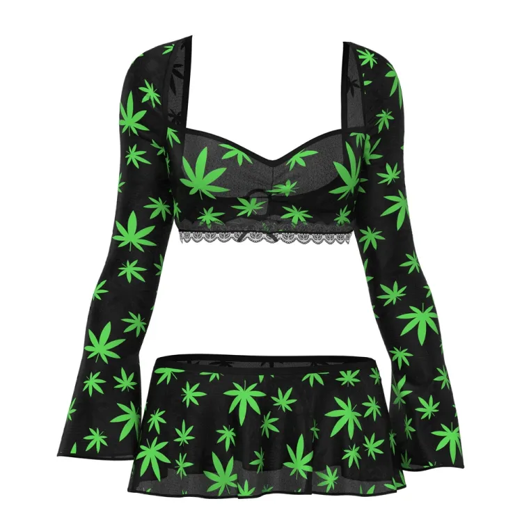 Magic Silk Hazy Dayz Crop Top, Skirt & G-String Set Pot Leaf Magic Silk Hazy Dayz Crop Top, Skirt & G-String Set Pot Leaf
