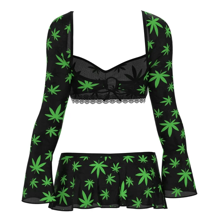 Magic Silk Hazy Dayz Crop Top, Skirt & G-String Set Pot Leaf Magic Silk Hazy Dayz Crop Top, Skirt & G-String Set Pot Leaf