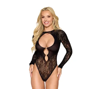 Dreamgirl Lace Long Sleeve Teddy with Cut-Out Detail Black