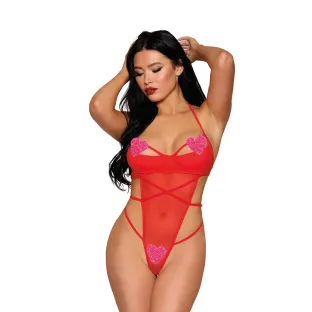 Dreamgirl Strappy Mesh Teddy with Heart Details Red