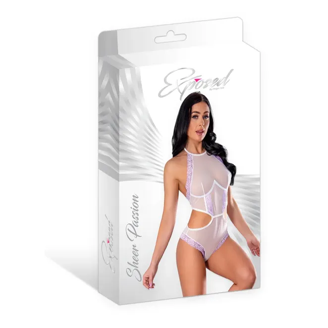 Magic Silk Sheer Passion Halter Teddy White/Lavender