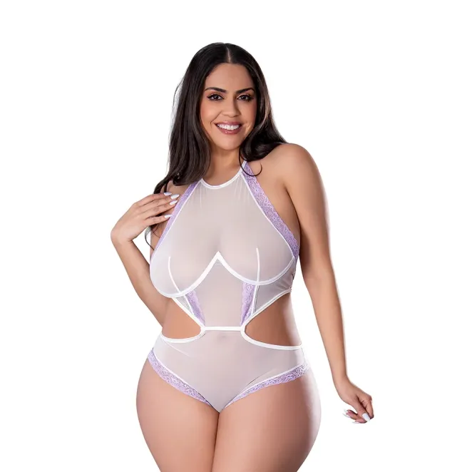 Magic Silk Sheer Passion Halter Teddy White/Lavender