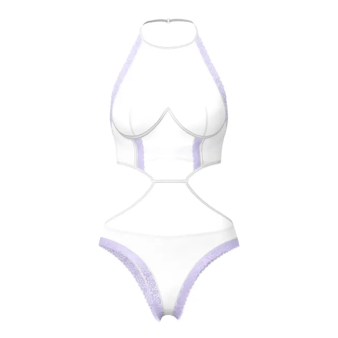 Magic Silk Sheer Passion Halter Teddy White/Lavender