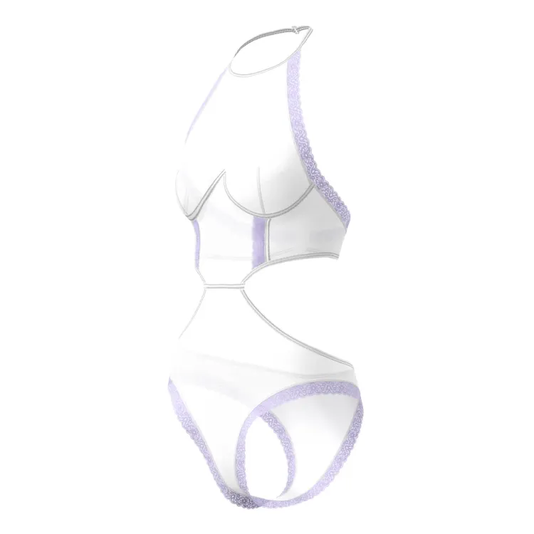 Magic Silk Sheer Passion Halter Teddy White/Lavender Magic Silk Sheer Passion Halter Teddy White/Lavender