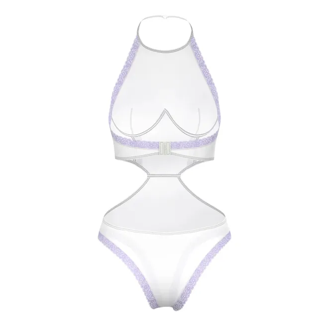 Magic Silk Sheer Passion Halter Teddy White/Lavender