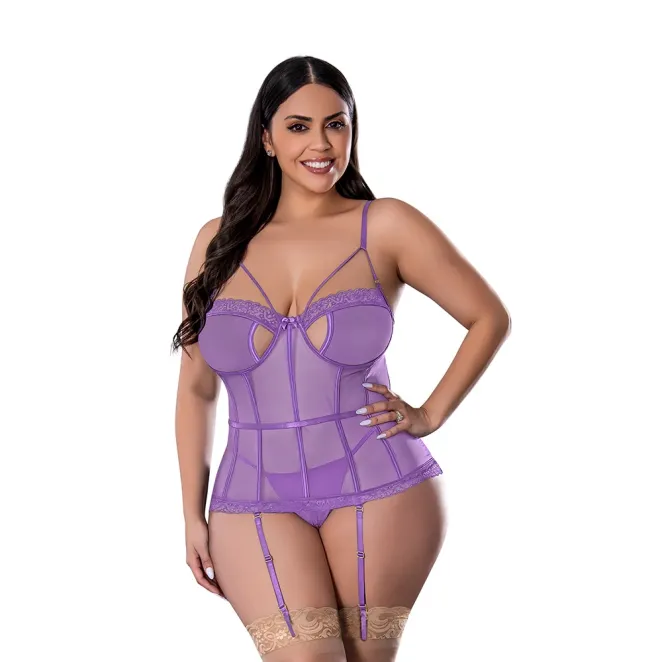 Magic Silk Sheer Passion Keyhole Basque & Crotchless G-String Very Peri