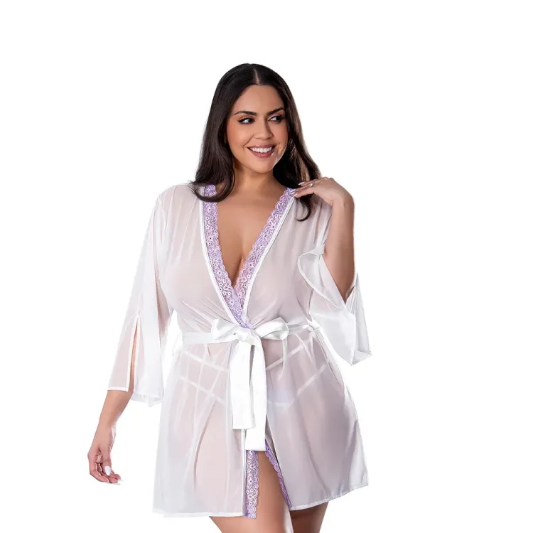 Magic Silk Sheer Passion Flutter Sleeve Robe White/Lavender Magic Silk Sheer Passion Flutter Sleeve Robe White/Lavender