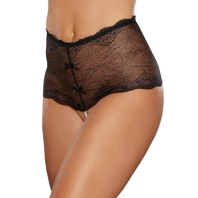 Allure Passion & Pearl High-Waisted Lace Thong with Pearl String Black