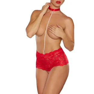 Allure Posh & Spicey High-Waisted Lace Thong with Pearl String and Collar Red