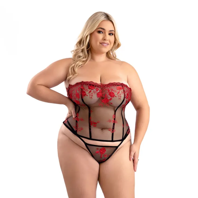 Floral embroidered mesh corset with lace-up back closure and matching g-string panty Floral embroidered mesh corset with lace-up back closure and matching g-string panty