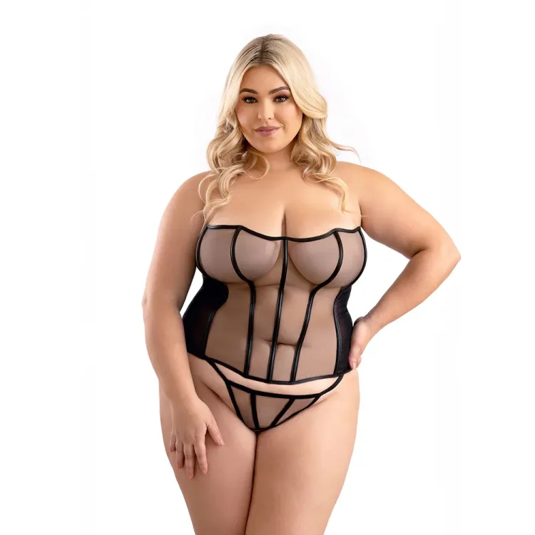 Fantasy Lingerie Leatherette Binding Mesh Corset with Matching G-String Panty Fantasy Lingerie Leatherette Binding Mesh Corset with Matching G-String Panty