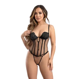 Fantasy Lingerie Gold Flecked Mesh Corset with Lightly Padded Underwire Cups & Matching G-String
