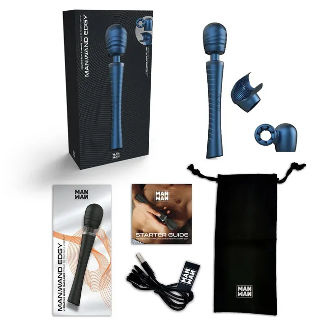 MAN WAND Edgy Vibrating Silicone Wand with Interchangeable Heads – Stellar Blue