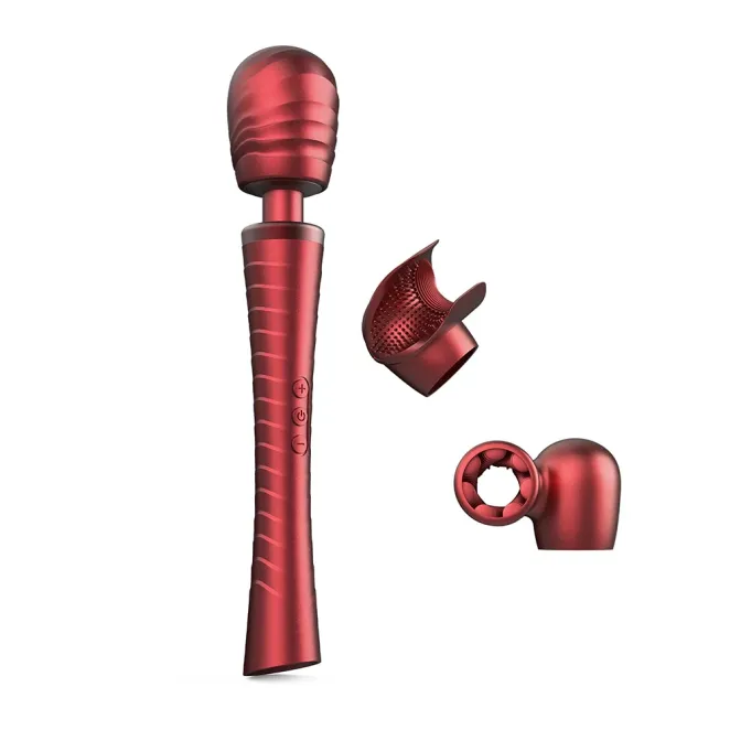 MAN WAND Edgy Vibrating Silicone Wand with Interchangeable Heads – Velvet Red