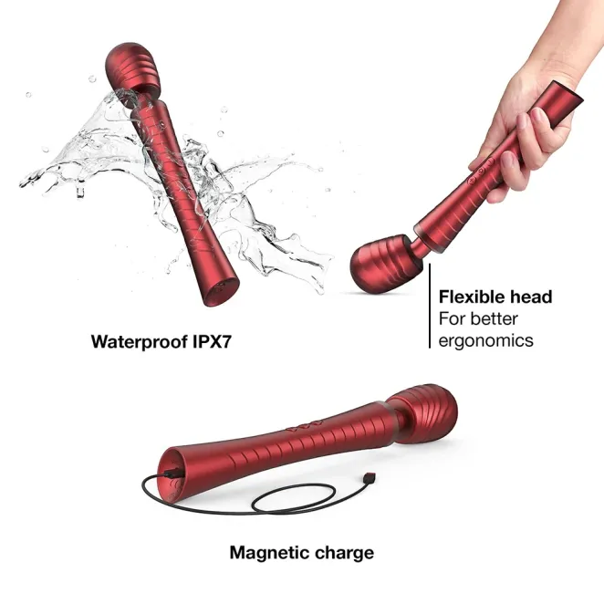MAN WAND Edgy Vibrating Silicone Wand with Interchangeable Heads – Velvet Red