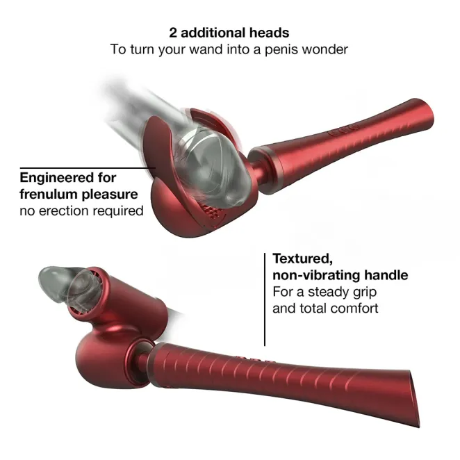 MAN WAND Edgy Vibrating Silicone Wand with Interchangeable Heads – Velvet Red