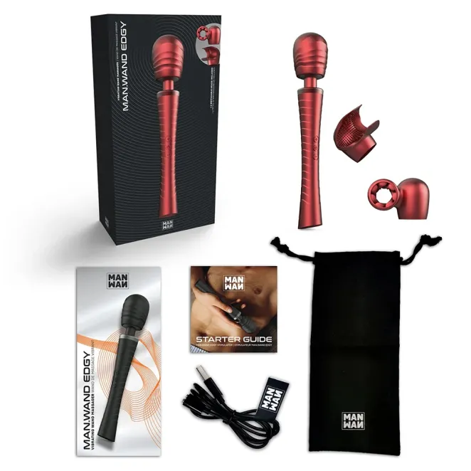 MAN WAND Edgy Vibrating Silicone Wand with Interchangeable Heads – Velvet Red