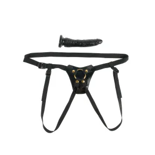 Gold & Black Designer Strap-On Harness with 7 in. Dildo