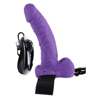 Hollow Vibrating Strap-On Realistic 7 in. with Balls Purple