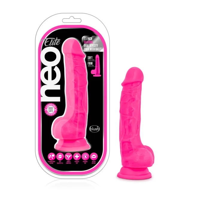 7.5 Inch Silicone Dual Density Dildo with Balls Neon Pink