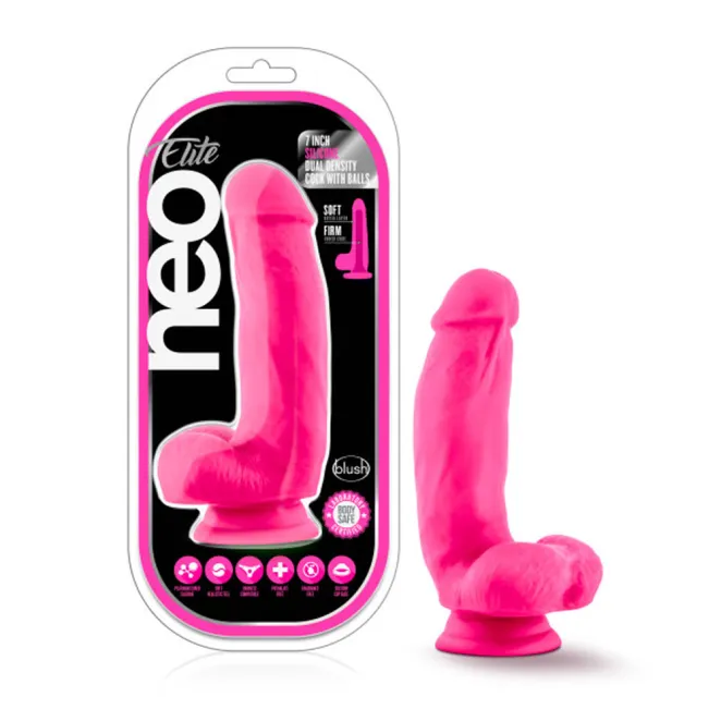 7 Inch Silicone Dual Density Dildo with Balls Neon Pink