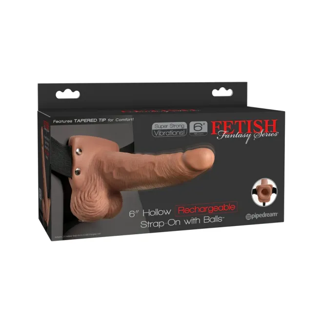 Hollow Vibrating Strap-On Realistic 6 in. with Balls Tan
