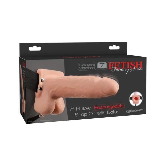 Hollow Vibrating Strap-On Realistic 7 in. with Balls Beige