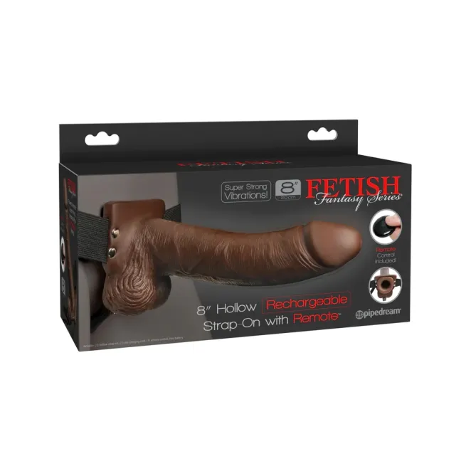 Vibrating 8 Inch Hollow Strap-On with Balls Brown