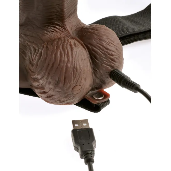 Vibrating 8 Inch Hollow Strap-On with Balls Brown