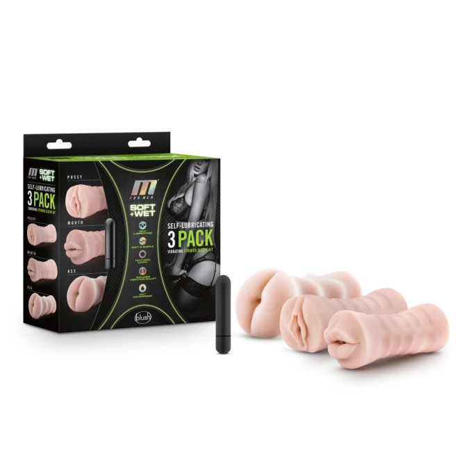 Self-Lubricating 3-Pack Vibrating Stroker Set – Anal, Vaginal & Oral