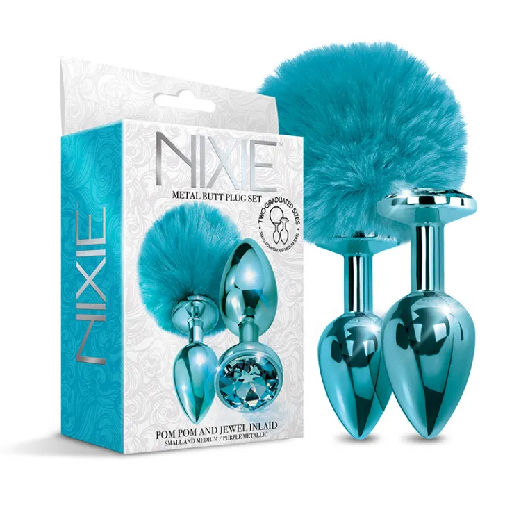 NIXIE Metal Butt Plug Set Pom Pom & Jewel-Inlaid NIXIE Metal Butt Plug Set Pom Pom & Jewel-Inlaid