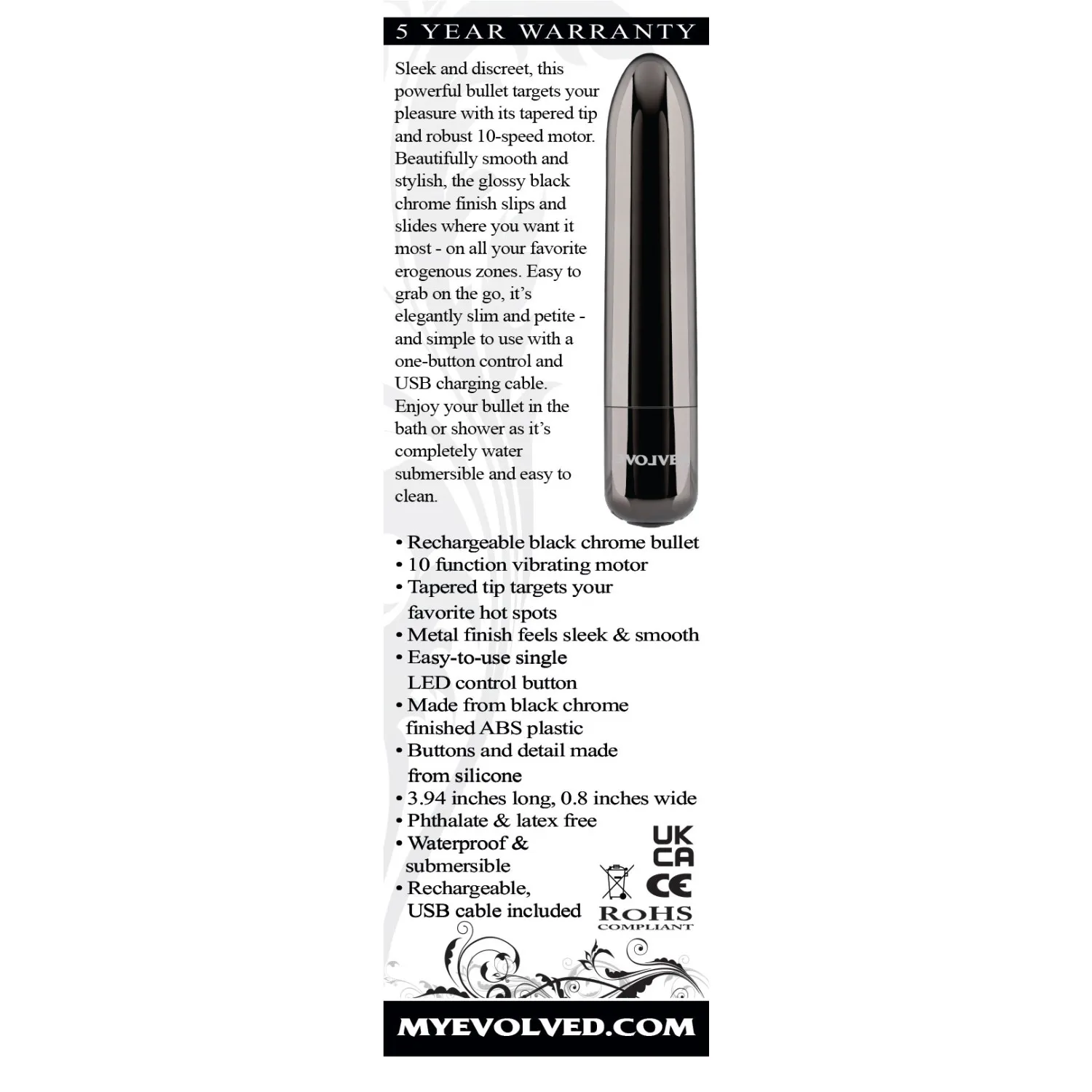 Bullet Vibrator with 10 Functions Black Chrome